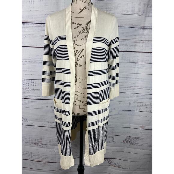 Talbots Cardigan Womens Sp Stripe Open Front Pockets Pima Cotton Knit 3/4 Sleeve - Picture 5 of 12